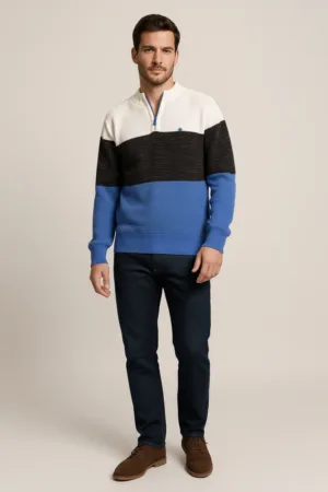 Men’s Stylish Colorblock High-Neck Knitted Sweater with Front Zip